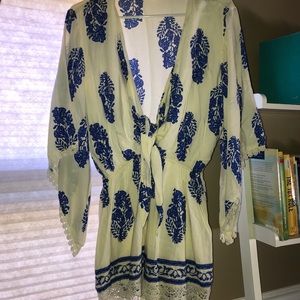 Blue/White print romper with kimono sleeves